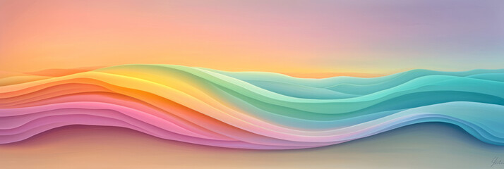 Aufkleber - a sweeping horizontal composition where rolling, pastel-hued waves appear to pulse with internal