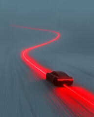 Poster - A diagonal overhead vantage revealing a twisting tunnel illuminated by bright lights, the red car