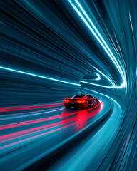 Aufkleber - A diagonal overhead vantage revealing a twisting tunnel illuminated by bright lights, the red car