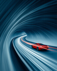 Aufkleber - A diagonal overhead vantage revealing a twisting tunnel illuminated by bright lights, the red car
