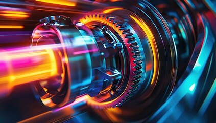 Poster - Precision Gears Rotate and Mesh Seamlessly with Vibrant Neon Lights, Dynamic Industrial Machinery in Motion