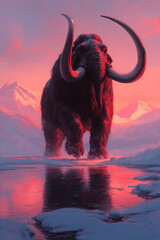 Aufkleber - An ambient twilight scene as the mammoth lifts its trunk, the last rays of a dim sun reflecting on