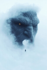 Poster - A partially obscured perspective with the mammoth peering around a massive ice formation, its
