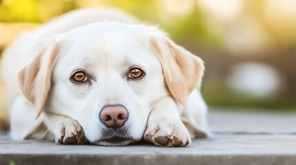 Poster - A closeup of a sweet labrador retriever laying down with a soulful expression in natural light : Generative AI