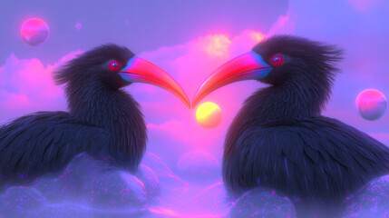 Aufkleber - A stylized portrait: the hornbillsâ€™ vibrant beaks pointing toward each other, psychedelic