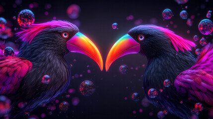 Poster - A stylized portrait: the hornbillsâ€™ vibrant beaks pointing toward each other, psychedelic