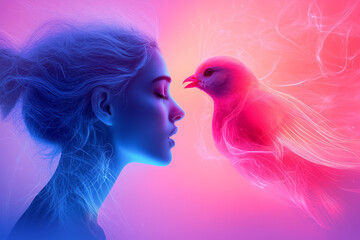 Poster - A wide view capturing both birds centered in a kaleidoscopic vortex of swirling lines and energetic