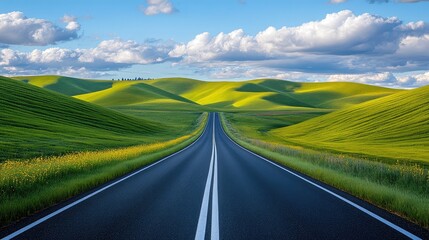 Poster - Lonely road with a single white dividing line, surrounded by rolling green hills under a partly cloudy sky.