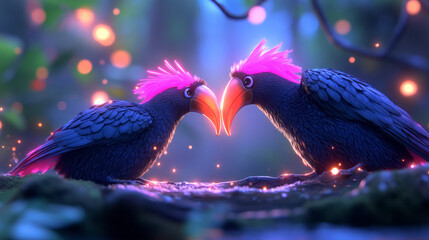 Poster - A minimal approach zooming in on the hornbillsâ€™ beaks, with swirling pastel shapes and tiny