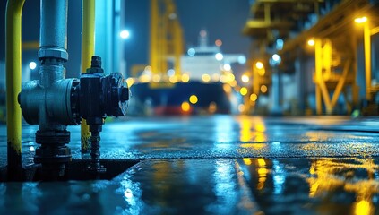 Poster - Nighttime Industry: Valves and Pipes Reflecting City Lights in Harbor