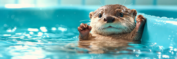 Poster - An endearing view of a furry otter reclining against one side of the bath, creating gentle ripples