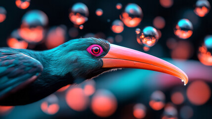 Poster - A near-silhouette perspective where the hornbillsâ€™ brightly colored beaks pop against a blurred