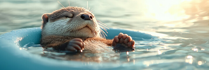 Poster - An endearing view of a furry otter reclining against one side of the bath, creating gentle ripples