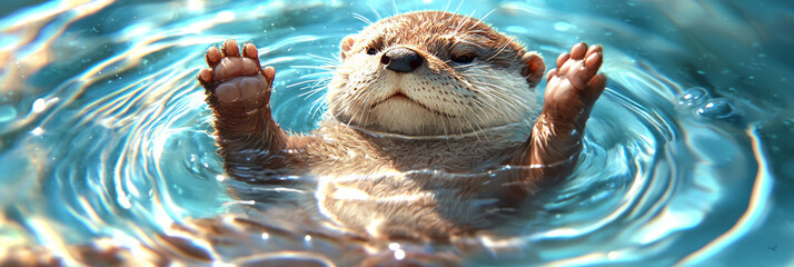 Poster - An endearing view of a furry otter reclining against one side of the bath, creating gentle ripples