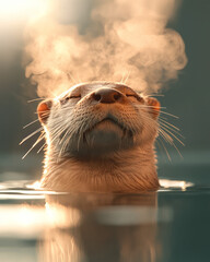 Poster - A close-up focusing on the otterâ€™s content face, eyes half-closed in relaxation, steam rising