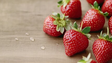 Wall Mural - Elegant Close up of fresh strawberries glistening with dew their vibrant red skin and tiny seeds glowing under natural sunlight on a wooden table 
