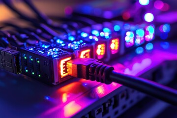 Poster - A close-up of illuminated network ports with connected cables, conveying data connectivity and modern technology with vibrant blue and orange light effects.