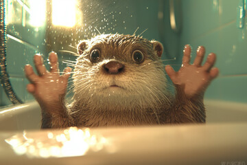 Poster - A gently lit bathroom setting featuring the otterâ€™s curious gaze toward the camera, droplets