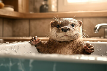 Poster - A gently lit bathroom setting featuring the otterâ€™s curious gaze toward the camera, droplets