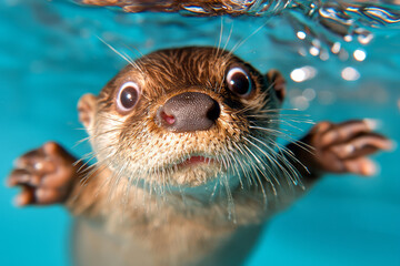 Aufkleber - A partially overhead viewpoint revealing the otterâ€™s round face and large eyes looking up, small