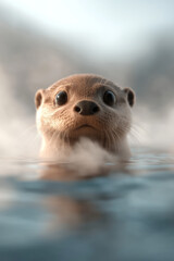Poster - A subtly misty environment with the otter resting in the bubbly water, soft highlights on its damp
