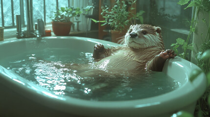 Poster - A composition framing the bathtubâ€™s gentle curves, the otter perched near the faucet with a