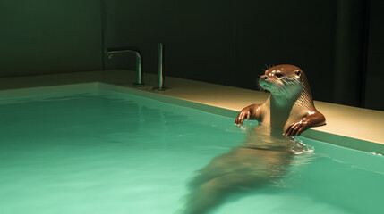 Poster - A composition framing the bathtubâ€™s gentle curves, the otter perched near the faucet with a