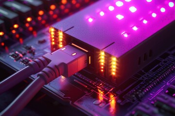 Poster - A close-up shot of a modern computer server unit, displaying a network cable connected to the motherboard with vibrant neon light accents and glowing indicators.