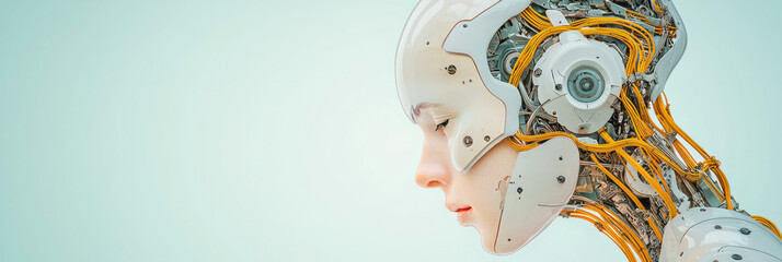 Poster - A refined android figure, its calm expression set in glossy white, while ornate gold wiring peeks