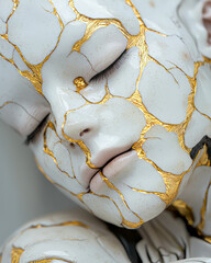 Poster - A cinematic close-up of an automatonâ€™s serene porcelain-like visage, soft golden filaments
