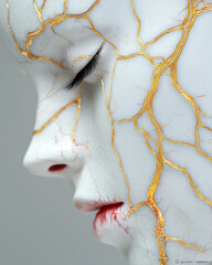 Poster - A cinematic close-up of an automatonâ€™s serene porcelain-like visage, soft golden filaments