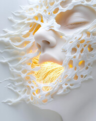 Poster - A cinematic close-up of an automatonâ€™s serene porcelain-like visage, soft golden filaments