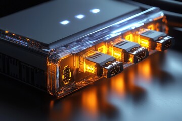Poster - a futuristic server unit with illuminated ports, showcasing advanced technology and data connectivit