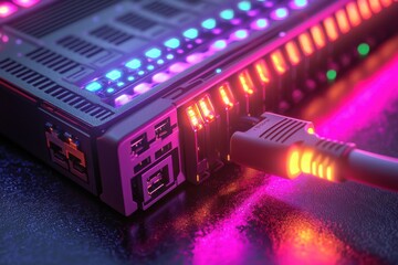 Poster - A captivating close-up of a network server with a connected cable, illuminated by vibrant neon lights, reflecting the advanced technology of data communication systems.