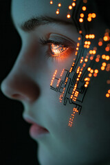 Poster - A half-lit shot where the porcelain face is partly in shadow, the circuitry beneath glinting in the