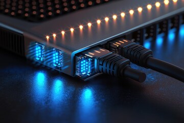 Poster - close-up on network switch with ethernet cables connected, symbolizing data transfer and network inf