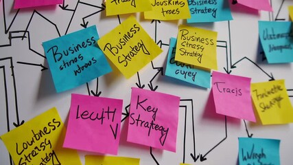 Poster - Business team strategizing workflow through colorful sticky notes mapping out project goals, visually representing collaborative planning process on whiteboard in slow motion