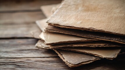 Poster - CloseUp View of Rustic and Textured Craft Paper Sheets on Natural Wooden Surface : Generative AI