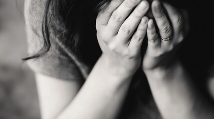 Poster - Woman Covering Face with Hands in Emotional Distress in Black and White : Generative AI