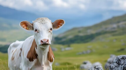 Poster - Curious Cow in Green Meadow with Rolling Hills and Dramatic Clouds : Generative AI