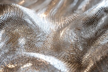  - Intricate silver metallic mesh fabric, draped artfully with shimmering light reflections, creating a luxurious and futuristic texture, ideal for design projects.