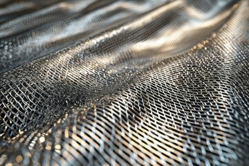 Poster - Abstract close-up of metallic netting with subtle light reflections, creating a futuristic, industrial texture, suitable for backgrounds and modern design concepts.
