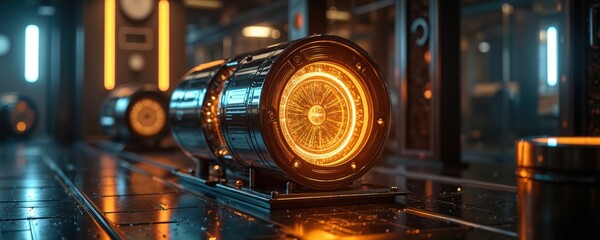 Poster - quantum computing core glows in sophisticated high tech facility with circuitry, machinery. futurist