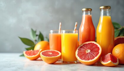 Wall Mural - Citrus juices, smoothies with fresh fruits in glasses, bottles. Orange, grapefruit, lemon, lime on white table. Raw, cold, refreshing drinks, healthy beverage. Colorful tropical cocktails, vegan