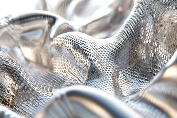 Poster - Draped metallic silver mesh with small circular perforations, creating an abstract futuristic surface, with a play of light and shadow highlighting the textures.