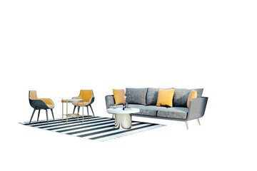 Poster - Contemporary furniture set with gray sofa, yellow pillows, striped rug, two chairs, and tables. Isolated on white background. 3D Rendering