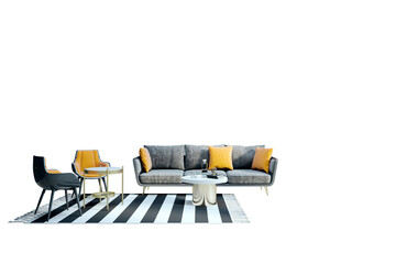 Poster - Stylish modern living room furniture set with gray sofa, yellow pillows, black chairs, striped rug, and coffee table, isolated on white background. 3D Rendering.