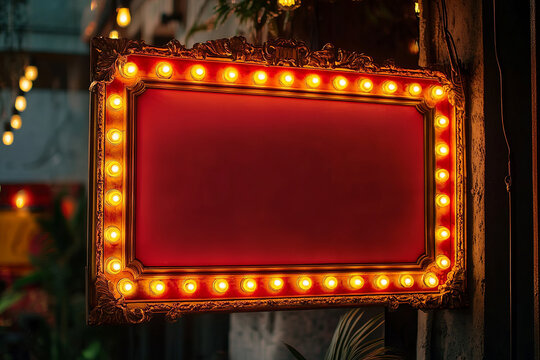 Retro marquee sign with lights, featuring a large blank space for custom messages, framed by a red and gold border