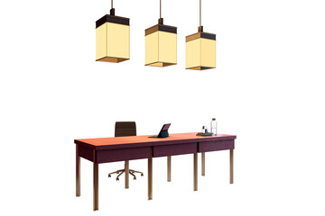 Poster - Office desk with chair, tablet, books, and hanging lights, isolated on white background. Modern workspace furniture and lighting design. 3D Rendering.