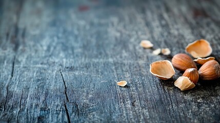 Aufkleber - Hazelnuts and shells scattered on a rustic wooden table for healthy snack imagery : Generative AI